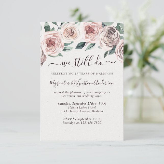 Dusty Pink Floral Rose Moderne Vow Erneuerung Einladung (Stehend Vorderseite)