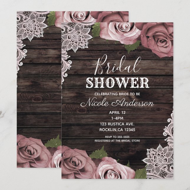 Dusty Pink Floral Rose Rustikales Brautparty Einladung (Vorne/Hinten)