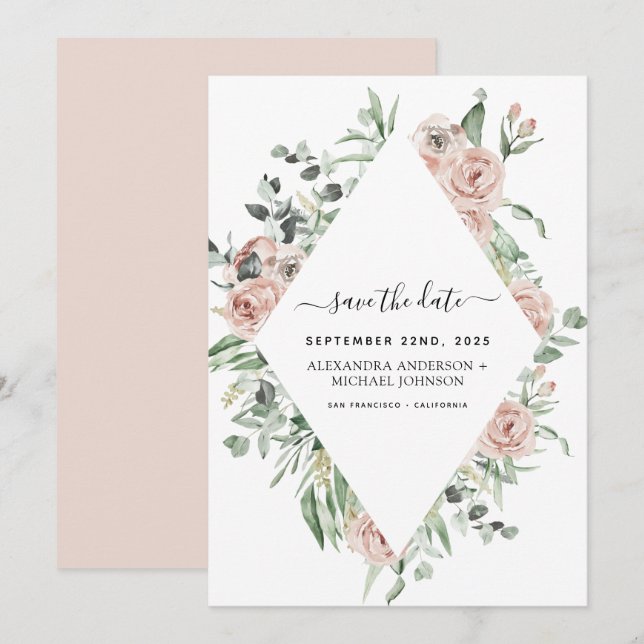 Dusty Pink Floral Save the Date Grüne Einladung (Vorne/Hinten)