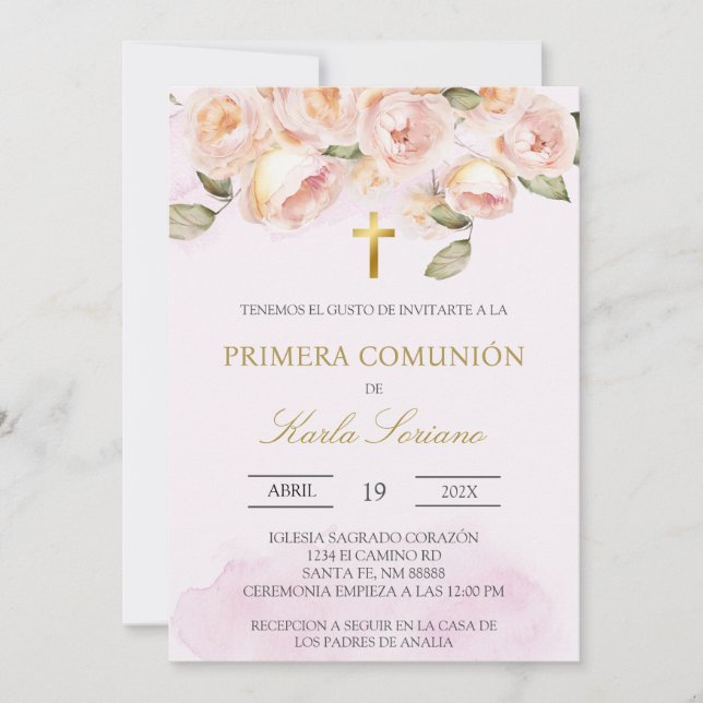 Dusty pink floral Spanisch erste Kommune Einladung (Vorderseite)
