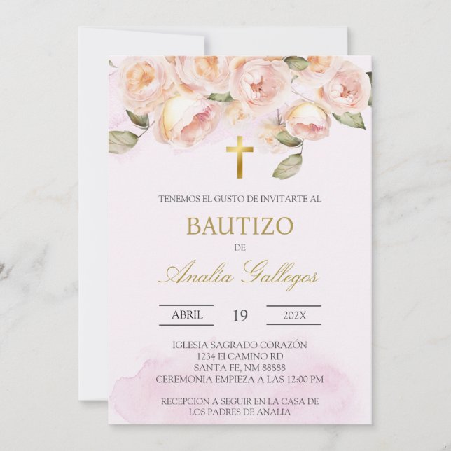 Dusty pink floral Spanische Taufe Einladung (Vorderseite)