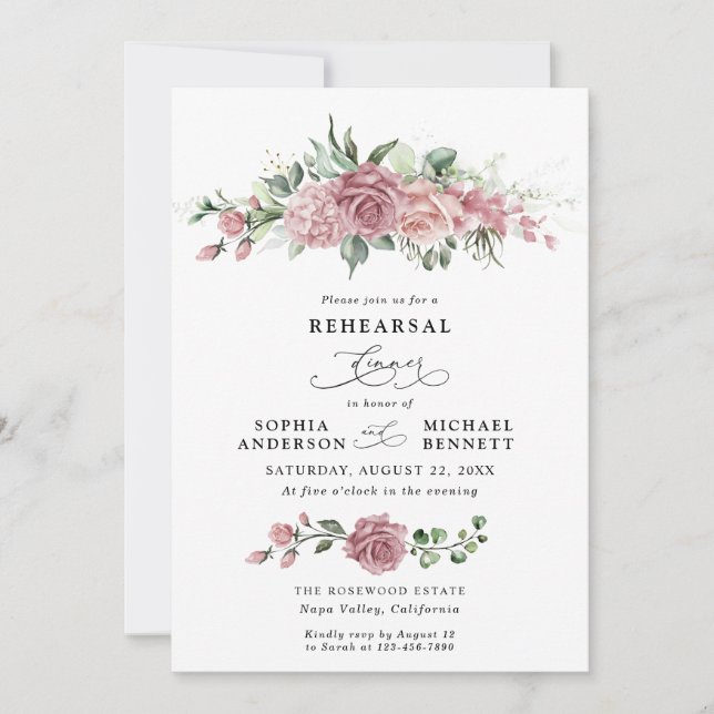 Dusty Pink Floral Wedding Rehearsal Dinner  Einladung (Vorderseite)