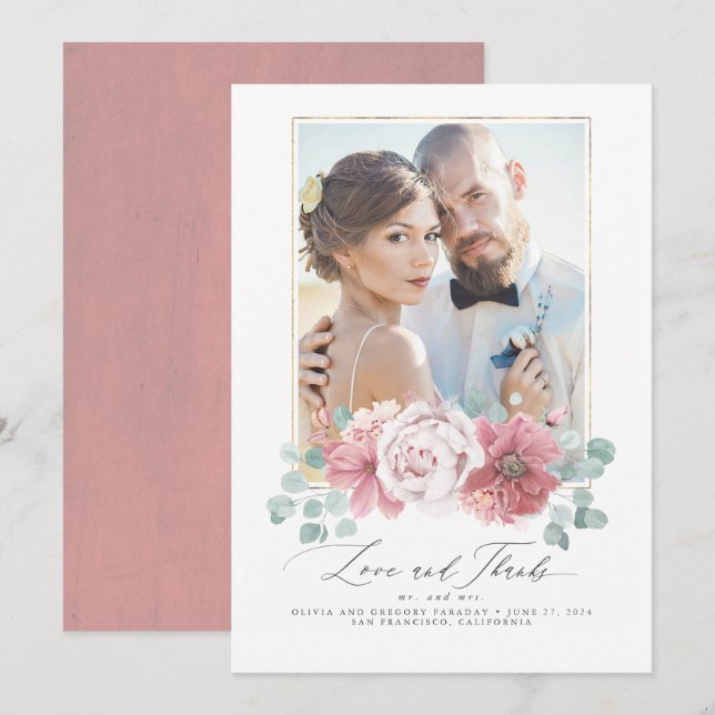 Dusty Pink Floral Wedding Vielen Dank Einladung (Vorne/Hinten)