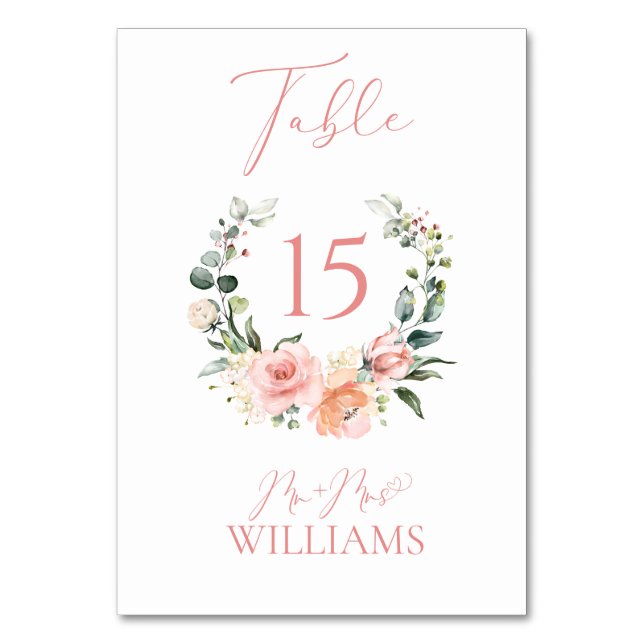 Dusty Pink Floral Wreath Wedding Tischnummer (Rückseite)