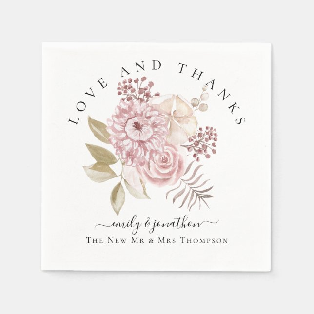 Dusty Pink Florals Dankeschön an Sie Namen Wedding Serviette (Vorderseite)