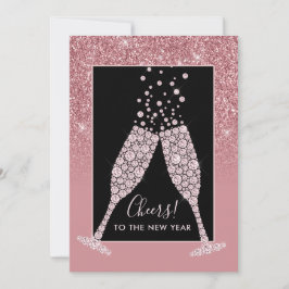 Dusty Pink Glitzer Champagne Toast New Year Card