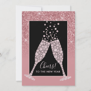 Dusty Pink Glitzer Champagne Toast New Year Card