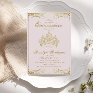 Dusty Pink Gold Tiara Princess Quinceañera Einladung