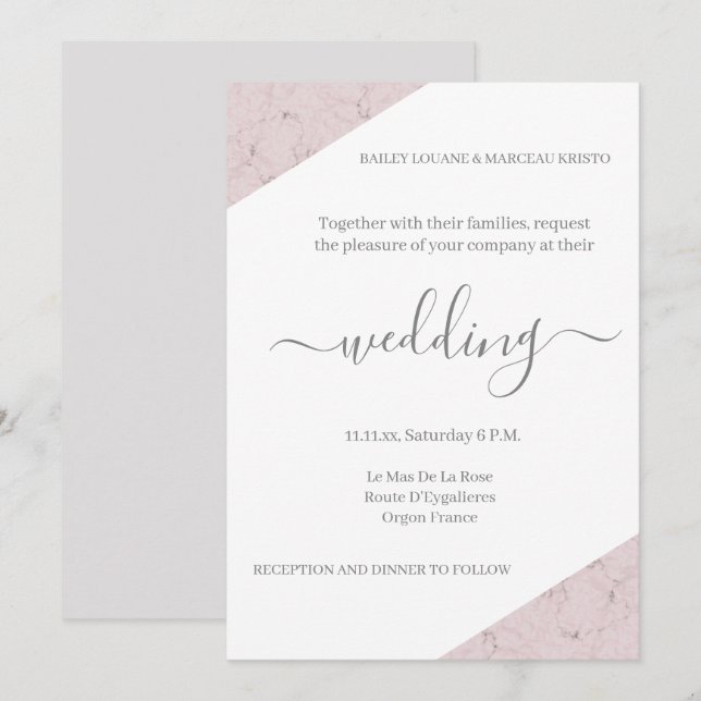 Dusty Pink Gray and White Marble Elegante Hochzeit Einladung (Vorne/Hinten)