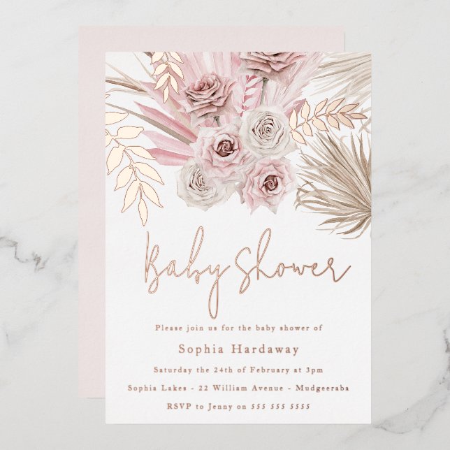 Dusty Pink Ivory Boho Baby Dusche Rose Gold Folieneinladung (Vorderseite/Rückseite)