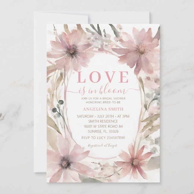 Dusty Pink Liebe ist in Bloom Brautparty Einladung (Vorderseite)