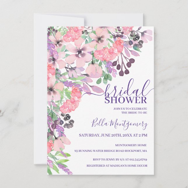 Dusty Pink Lila Wild Blume Brautparty Einladung (Vorderseite)