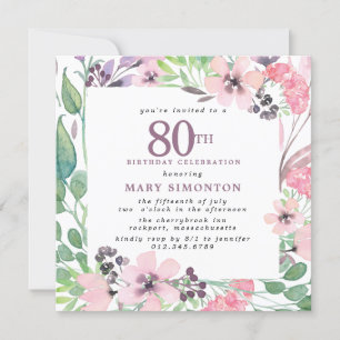 Dusty Pink Lila Wildblume 80. Geburtstag Einladung
