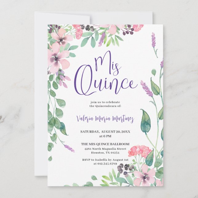 Dusty Pink Lila Wildblume Quinceanera Einladung (Vorderseite)