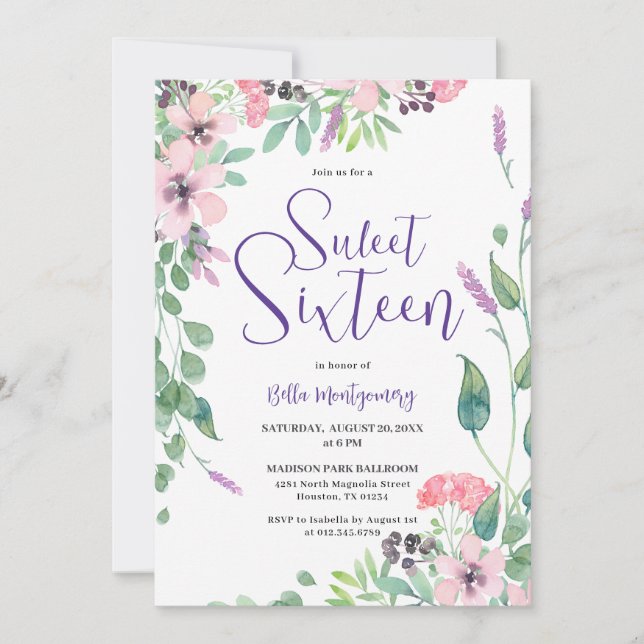 Dusty Pink Lila Wildblume Sweet 16 Einladung (Vorderseite)