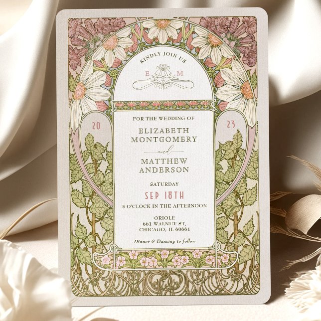 Dusty Pink Marguerite Daisy Wedding Art Nouveau Einladung (Von Creator hochgeladen)