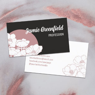 Dusty Pink Matte Schwarz-weiße Anemones Line Art Visitenkarte