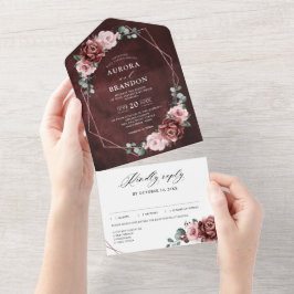 Dusty Pink Mauve Rose Floral Geometric Wedding Al All In One Einladung