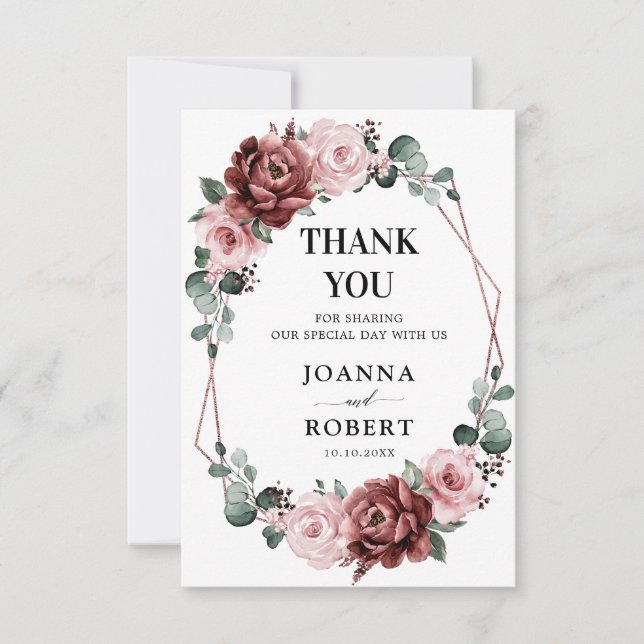 Dusty Pink Mauve Rose Floral Geometric Wedding Dankeskarte (Vorderseite)