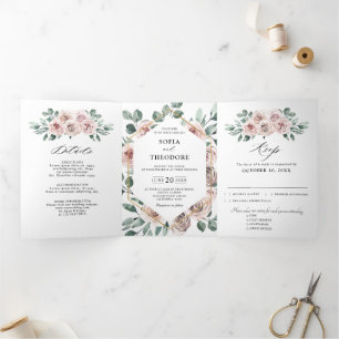 Dusty Pink Mauve Rose Floral Geometric Wedding Dreifach Gefaltete Ankündigung