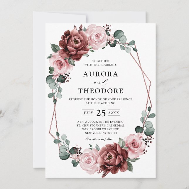 Dusty Pink Mauve Rose Floral Geometric Wedding Einladung (Vorderseite)