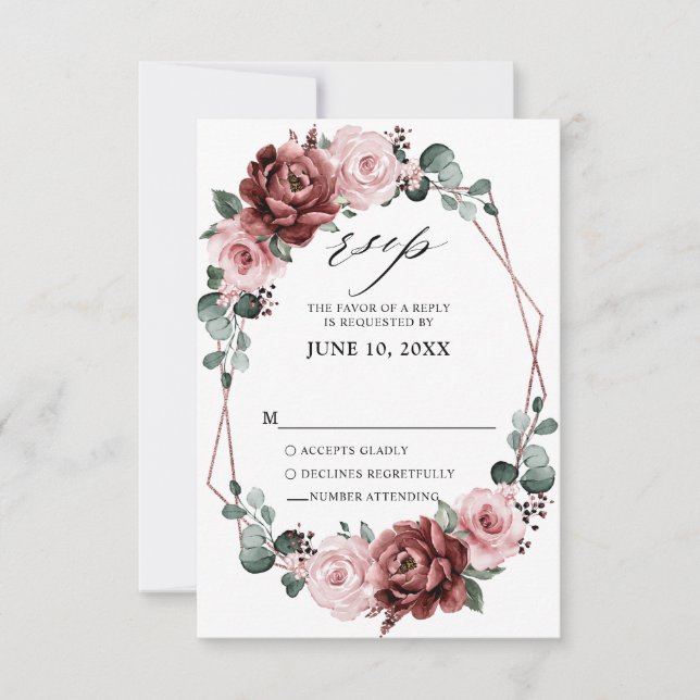 Dusty Pink Mauve Rose Floral Geometric Wedding RSVP Karte (Vorderseite)