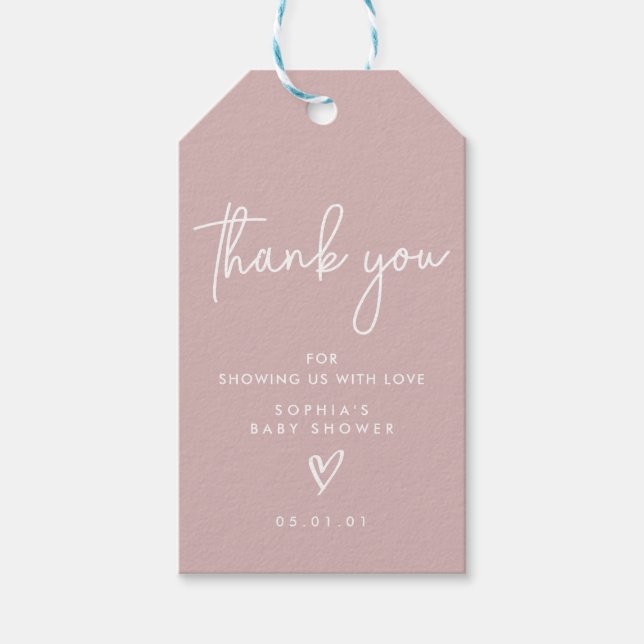 Dusty Pink Minimalistisch Modern Boho Babydusche Geschenkanhänger (Vorderseite)