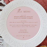 Dusty Pink Minimalistisch Wedding | Elegante Runde Menükarte<br><div class="desc">Mit diesem minimalistisch rosa Hochzeitsmenü in modernem, kreisförmigem Design verleihen Sie Ihrem Tisch eine sanfte Eleganz. Mit einer gepflegten, eleganten Typografie und einem raffinierten Layout bietet es eine anmutige Möglichkeit, Ihre Speisen zu präsentieren. Der gedämpfte Rose-Ton fügt eine romantische, zeitgenössische Touch hinzu. Ideal für moderne, boho, spring oder klassische Hochzeitsthemen....</div>