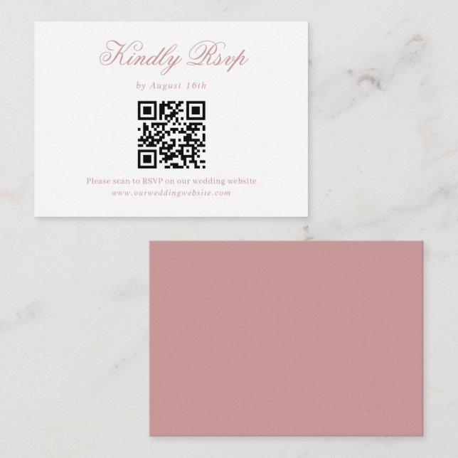 Dusty Pink Minimalistische Script Hochzeit QR Code Begleitkarte (Vorne/Hinten)