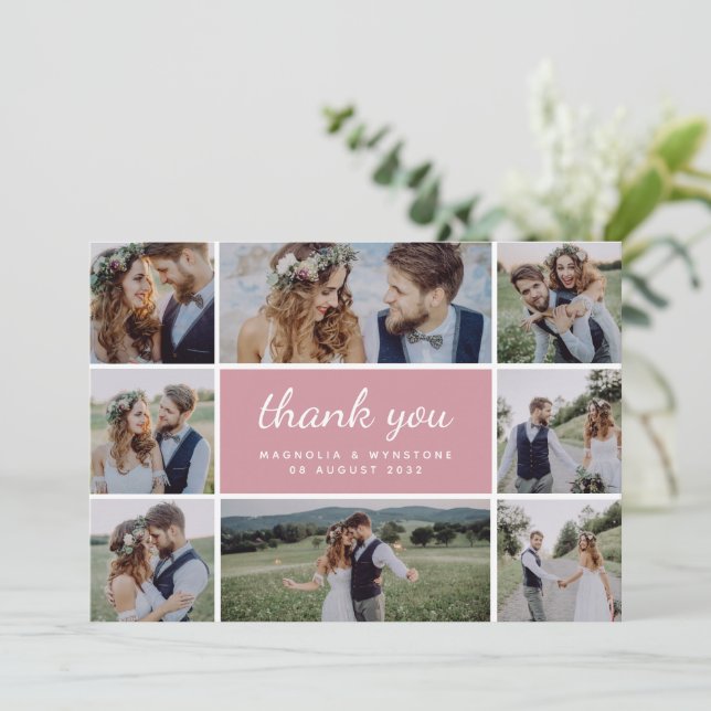 Dusty Pink Modern Foto Collage Wedding Dankeskarte (Stehend Vorderseite)