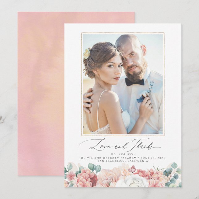 Dusty Pink Peach Floral Wedding Vielen Dank Einladung (Vorne/Hinten)