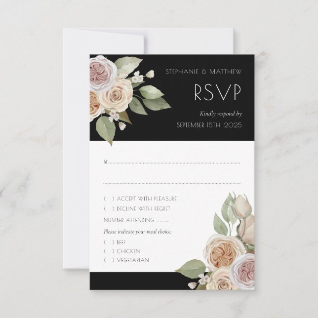 Dusty Pink Peach Rose Botanische Schwarze Hochzeit RSVP Karte (Vorderseite)