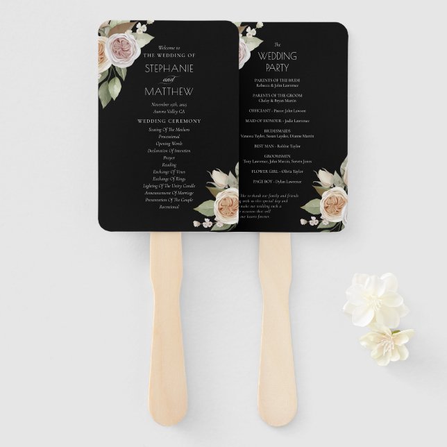 Dusty Pink Peach Rose Floral Black Wedding Program Fächer (Vorne und Hinten)