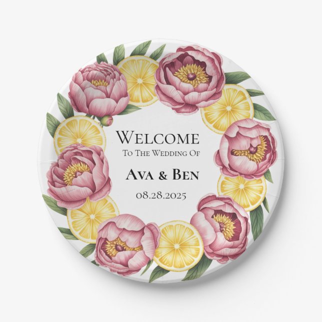 Dusty Pink Peonies and Lemon Wedding Paper Tellers Pappteller (Vorderseite)