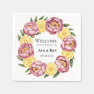 Dusty Pink Peonies and Lemon Wedding Paper Tellers Serviette
