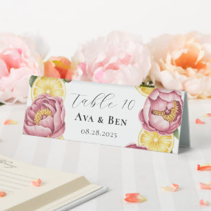 Dusty Pink Peonies und Lemon Wedding Tischnummern Tischaufsteller