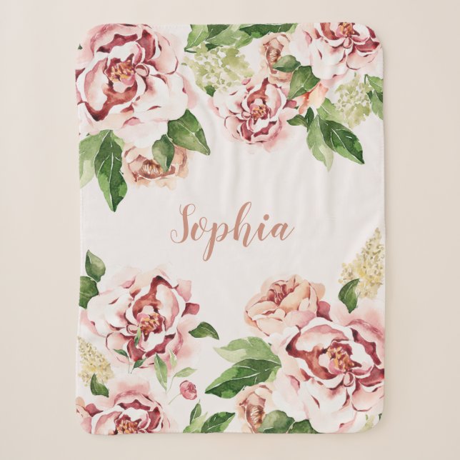 Dusty Pink Peony Floral Girl Name Baby Sherpadecke (Vorderseite)