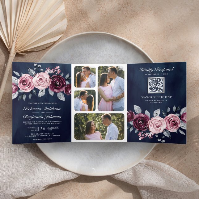 Dusty Pink Plum Lila florale QR Code Hochzeit Dreifach Gefaltete Einladung (Von Creator hochgeladen)