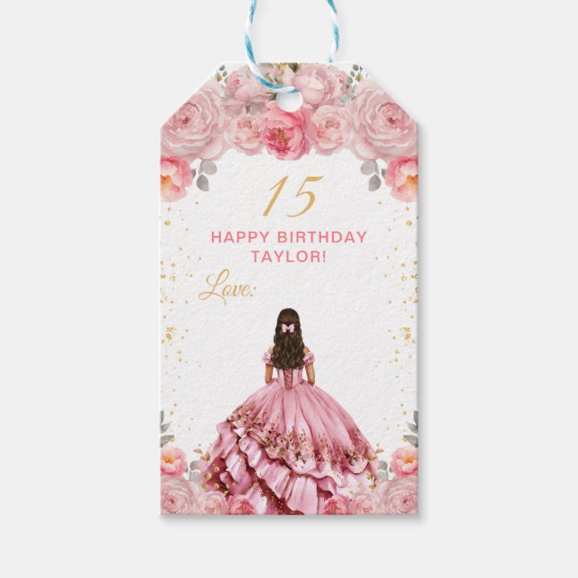 Dusty Pink Princess Quinceañera Happy Birthday Geschenkanhänger (Vorderseite)