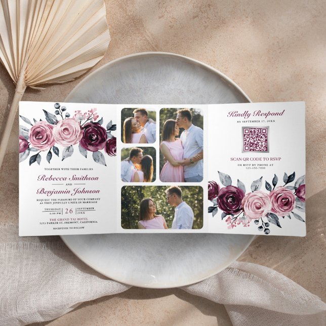 Dusty Pink Pum Lila Floral QR Code Wedding Dreifach Gefaltete Einladung (Von Creator hochgeladen)