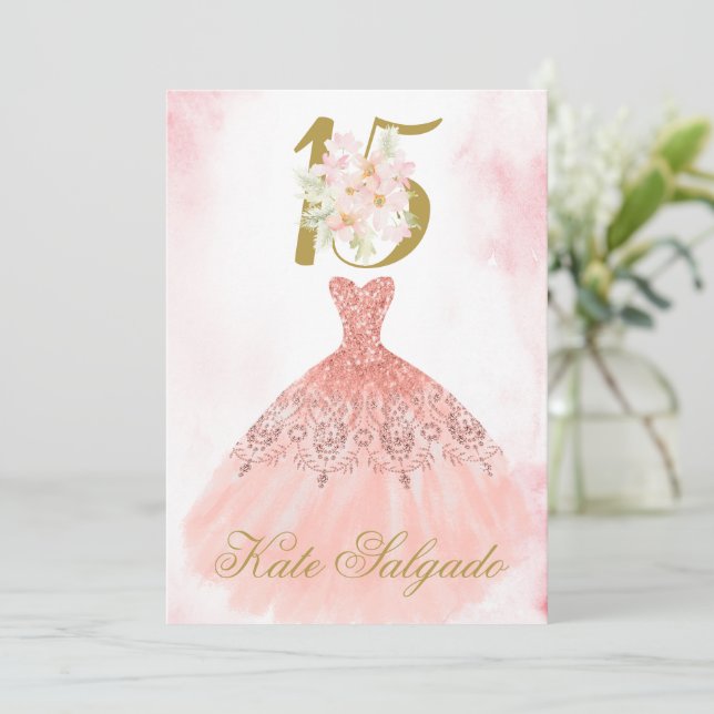 Dusty Pink Quinceanera Einladung (Stehend Vorderseite)