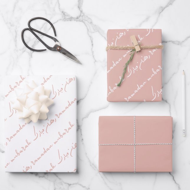 Dusty Pink Ramadan Mubarak Bilingual Geschenkpapier Set (Vorderseite)