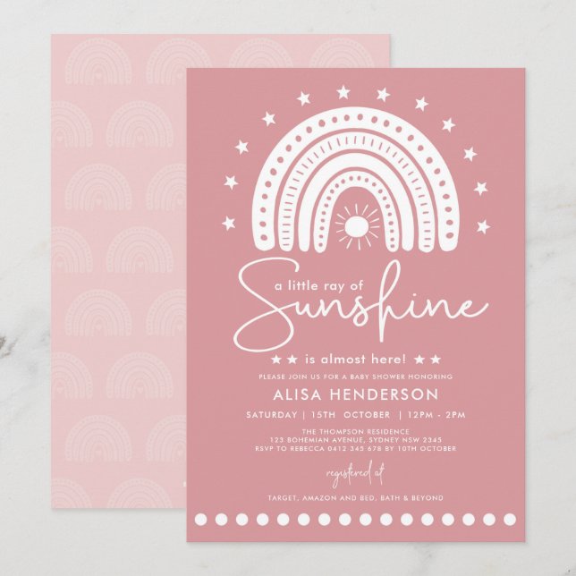 Dusty Pink Ray of Sunshine Boho Girl Baby Shower Einladung (Vorne/Hinten)