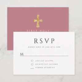 Dusty Pink Religious Cross Girl First Communion RSVP Karte
