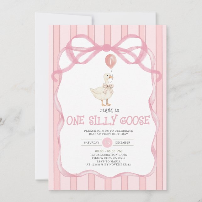Dusty Pink Ribbon Gingham Eine Alberne Gans Einladung (Vorderseite)
