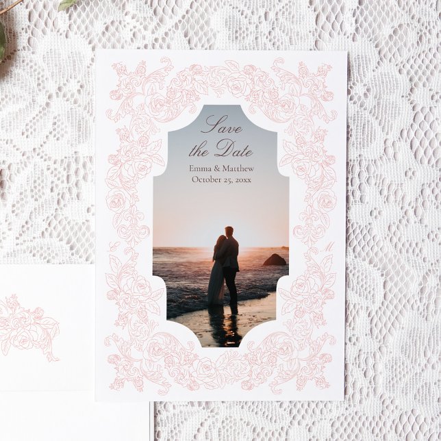 Dusty Pink Romantic Baroque Foto Save The Date (Romantic photo save the date card with victorian botanical ornament illustrations in blush pink)