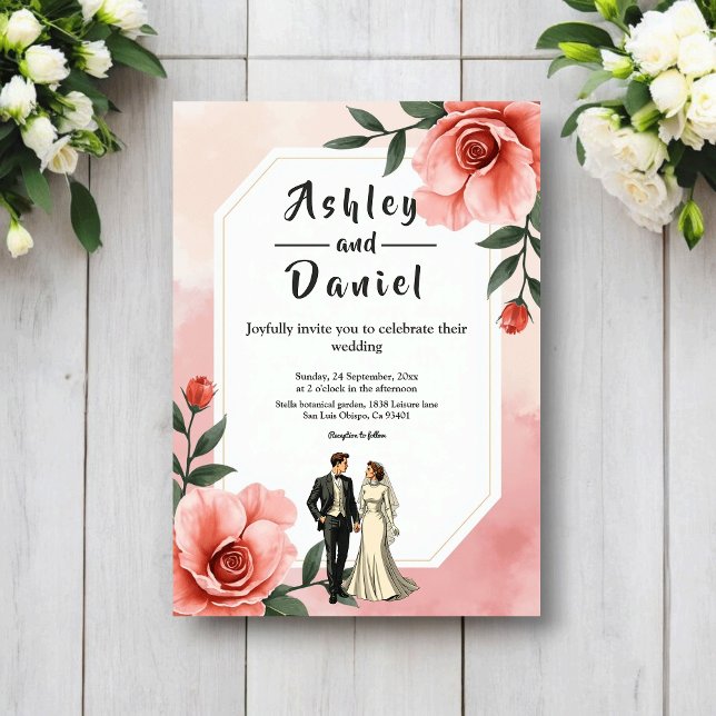 Dusty Pink Romantic Bride And Groom Floral Wedding Einladung (Von Creator hochgeladen)