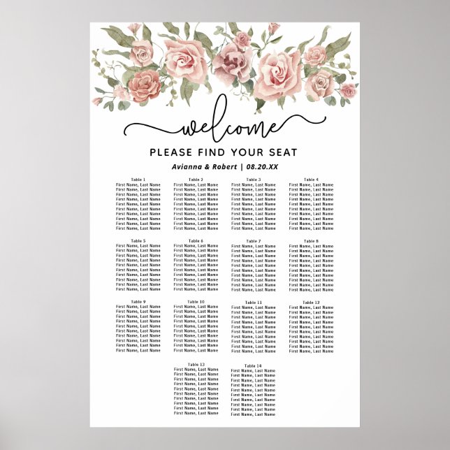 Dusty Pink Rose 14-Tisch Hochzeitstabelle Poster (Vorne)