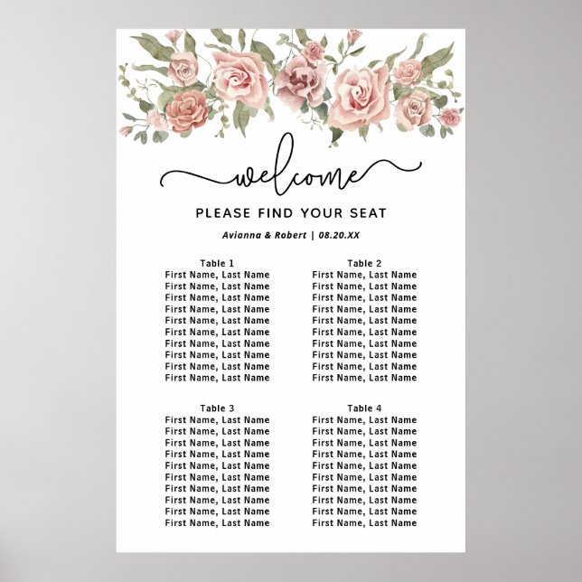 Dusty Pink Rose 4-Tisch Hochzeitstabelle Poster (Vorne)