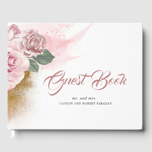 Dusty Pink Rose and Gold Glitzer Wedding Gästebuch (Vorderseite)